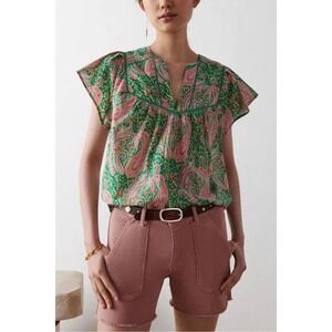Ba&sh Lady Top Green Pink Paisley Embroidered Cotton Boho Blouse S